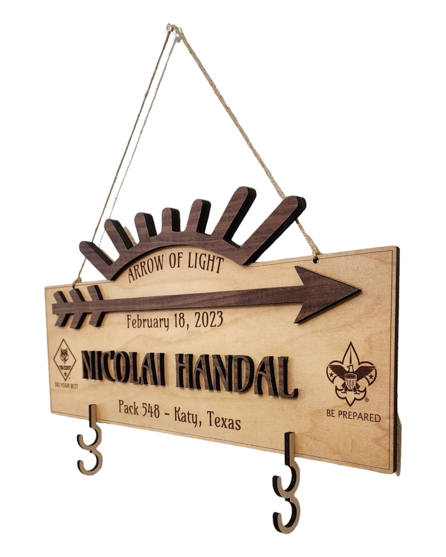 Custom Arrow of Light Award Plaque with Personalized Arrow Hooks