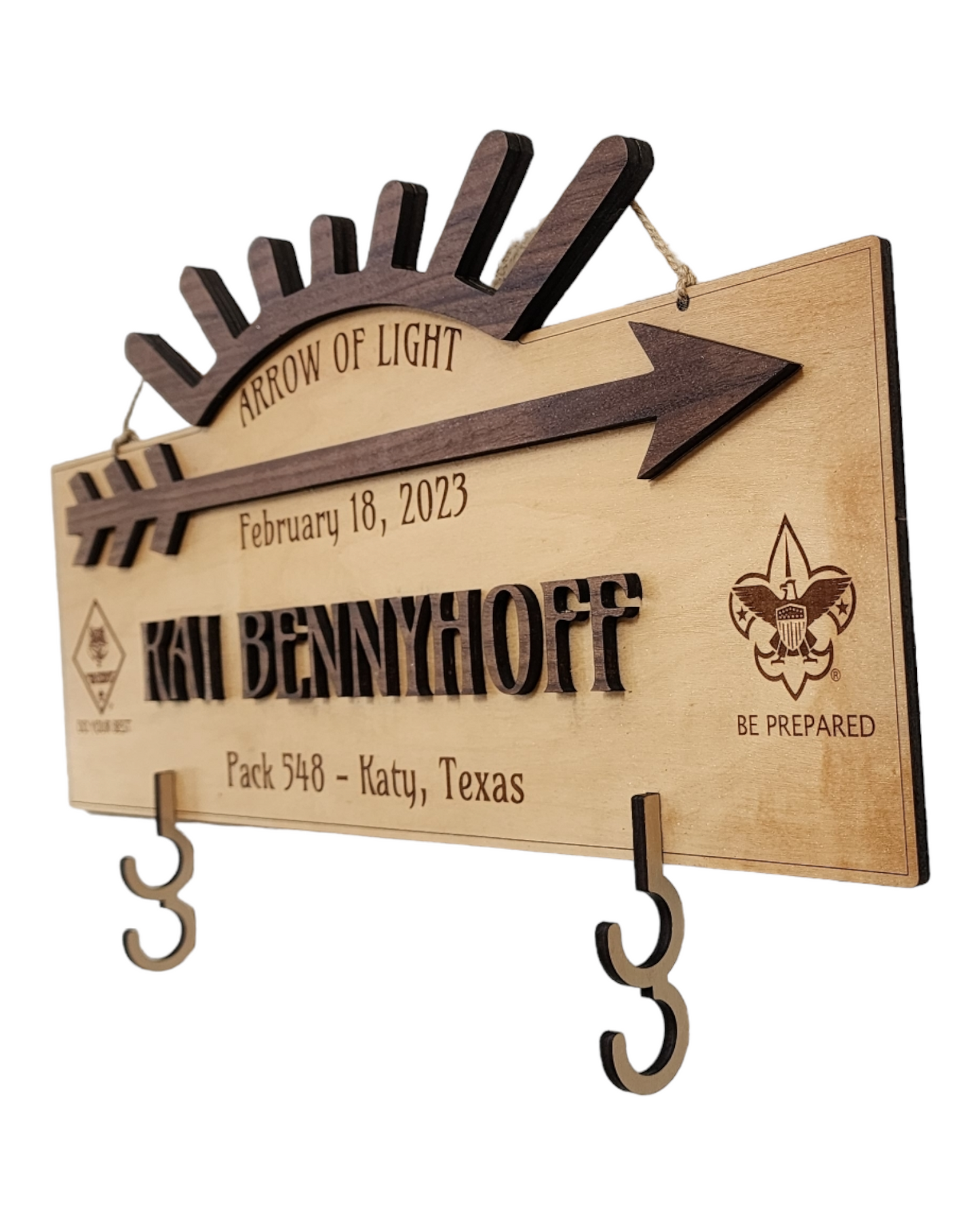 Custom Arrow of Light Award Plaque with Personalized Arrow Hooks