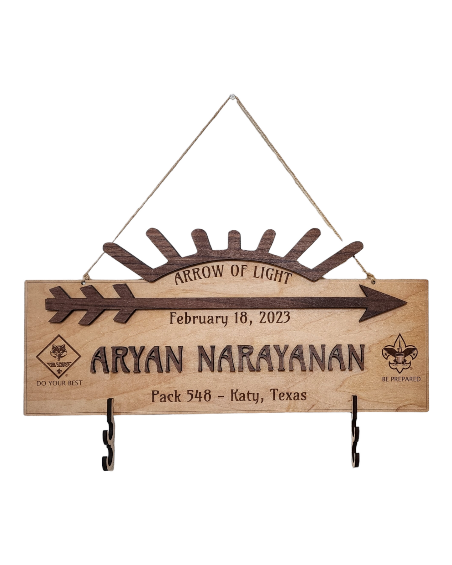Custom Arrow of Light Award Plaque with Personalized Arrow Hooks