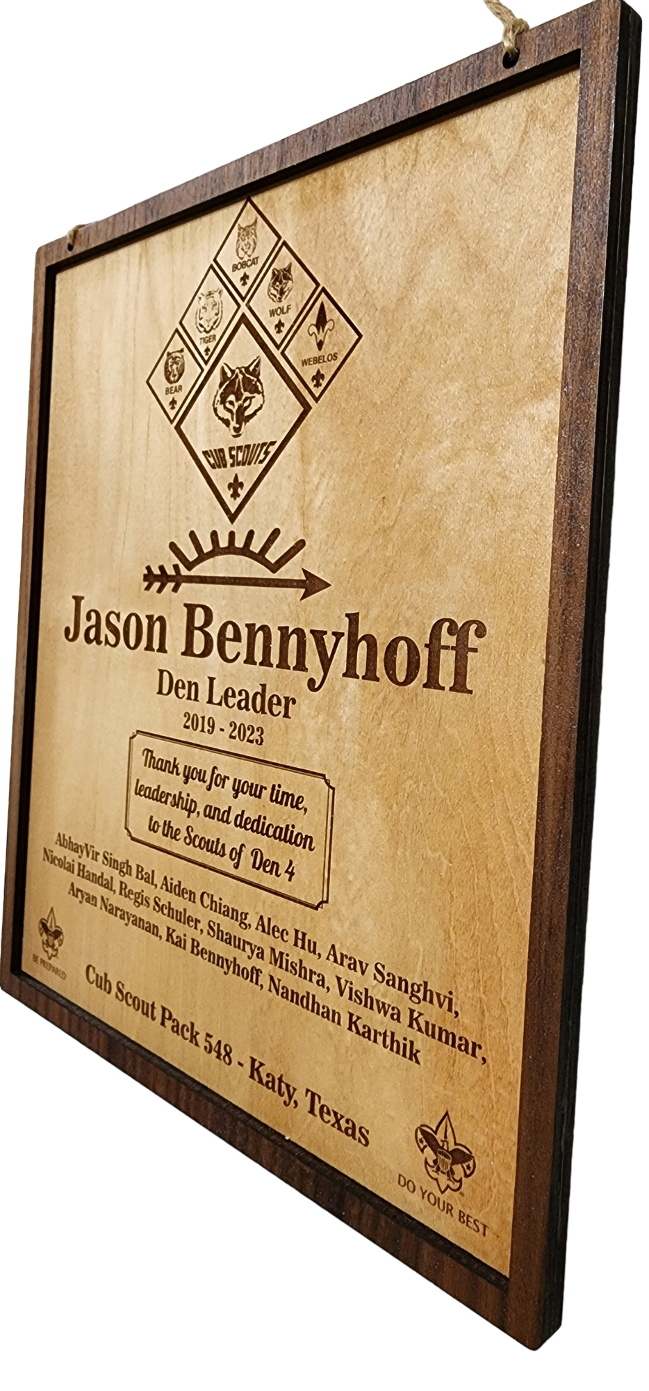 Personalized Boy Scout AOL Leader Award in Wooden Finish