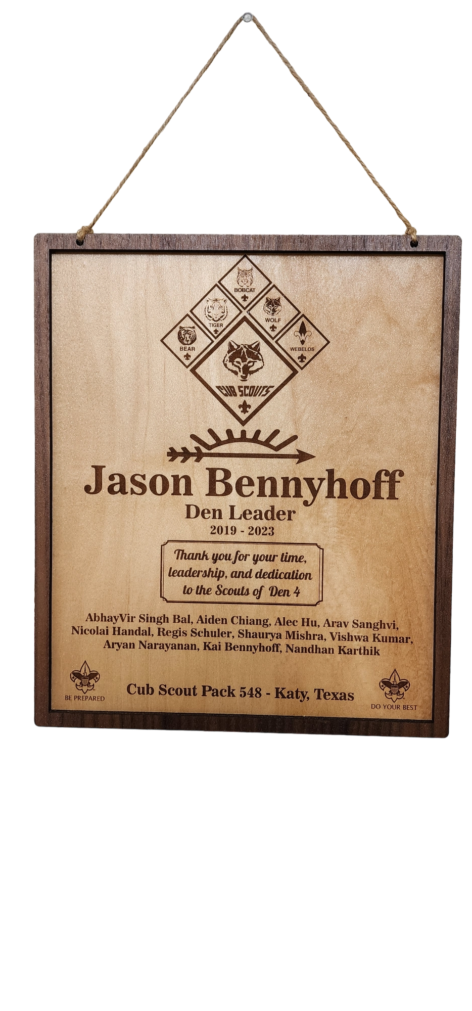 Personalized Boy Scout AOL Leader Award in Wooden Finish