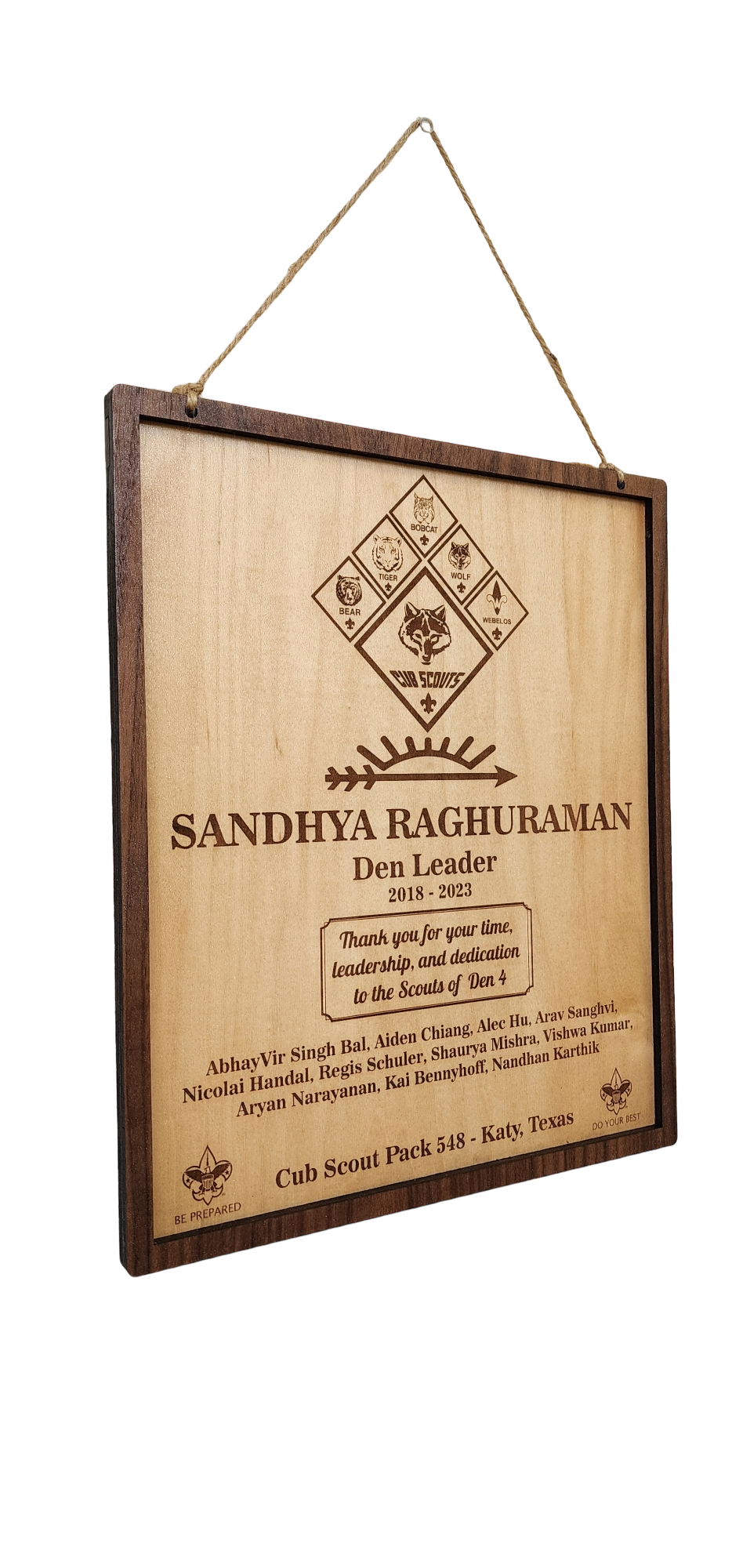 Personalized Boy Scout AOL Leader Award in Wooden Finish