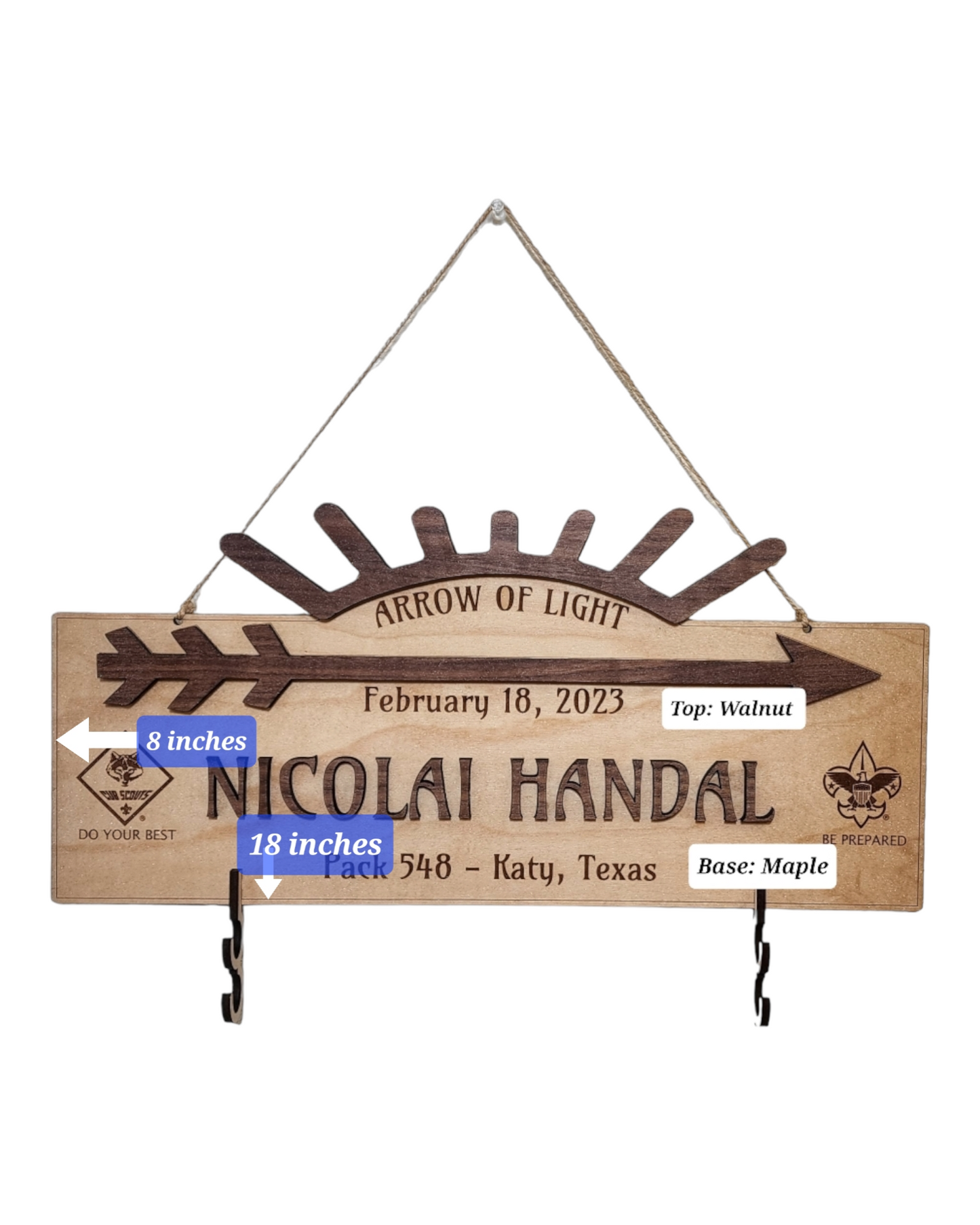 Custom Arrow of Light Award Plaque with Personalized Arrow Hooks