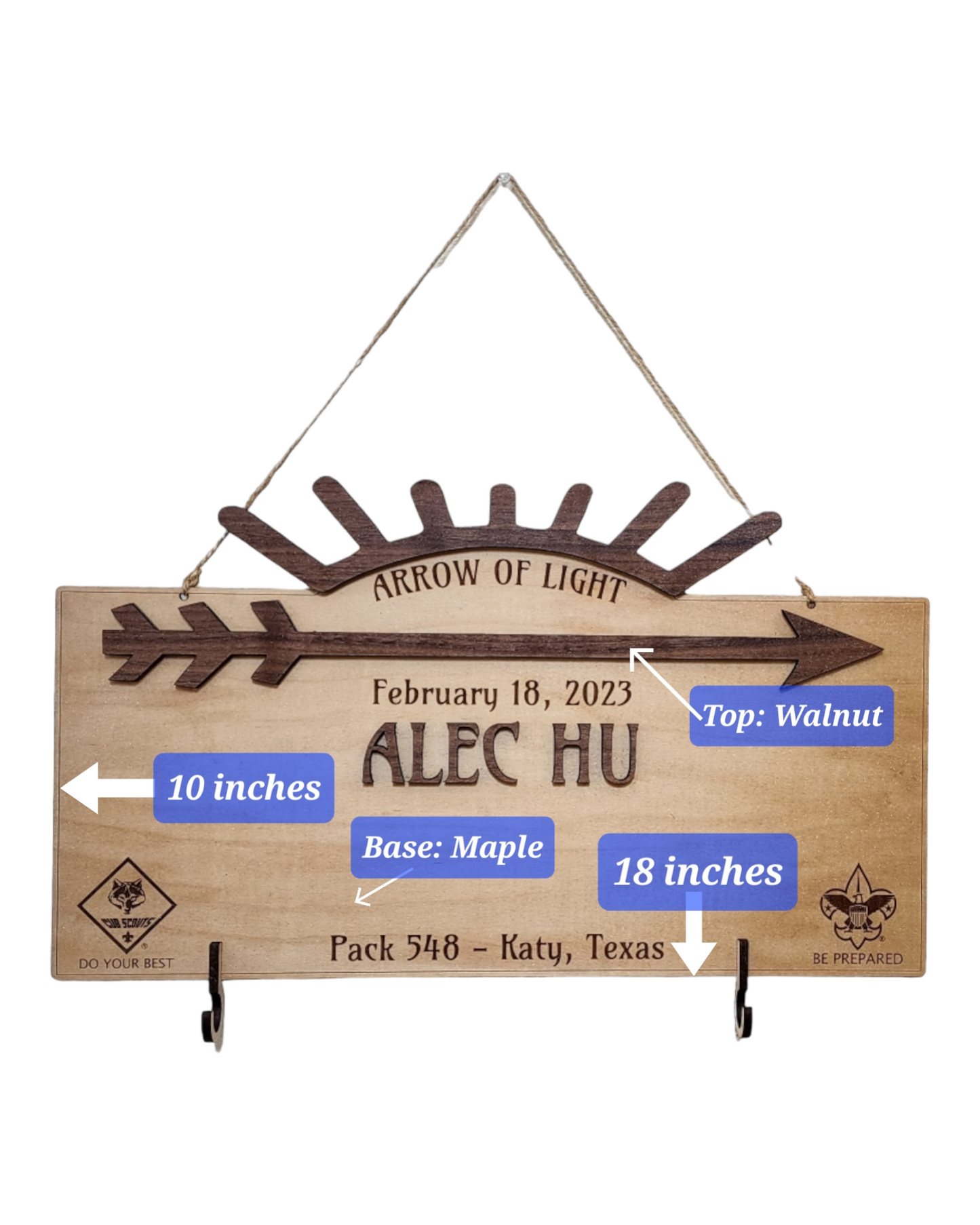 Custom Arrow of Light Award Plaque with Personalized Arrow Hooks