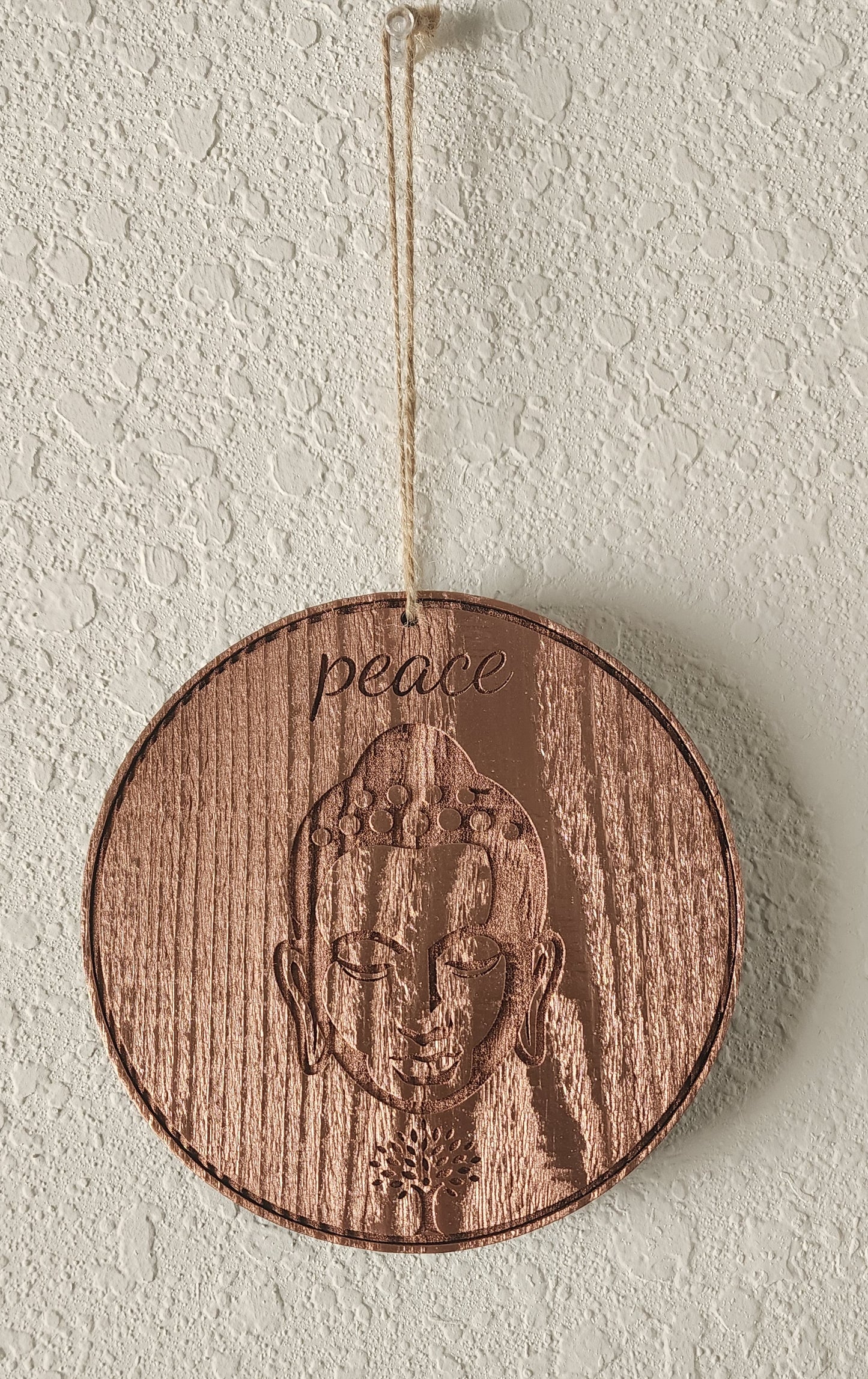 Circular Wooden Buddha Art Engraved with Metallic Copper Finish