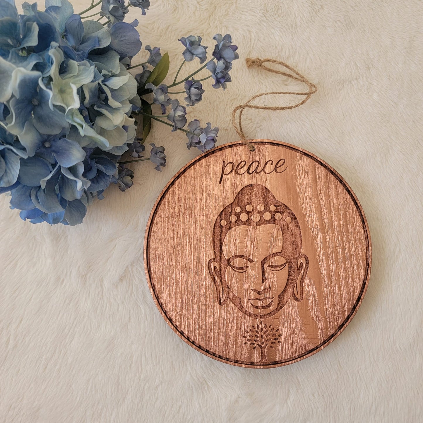 Circular Wooden Buddha Art Engraved with Metallic Copper Finish