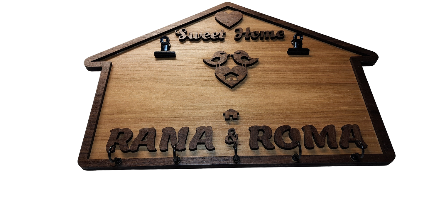 Personalized Laser Cut Wooden Home Artwork with Notepad / Sticky notes Clips / Keychain holder
