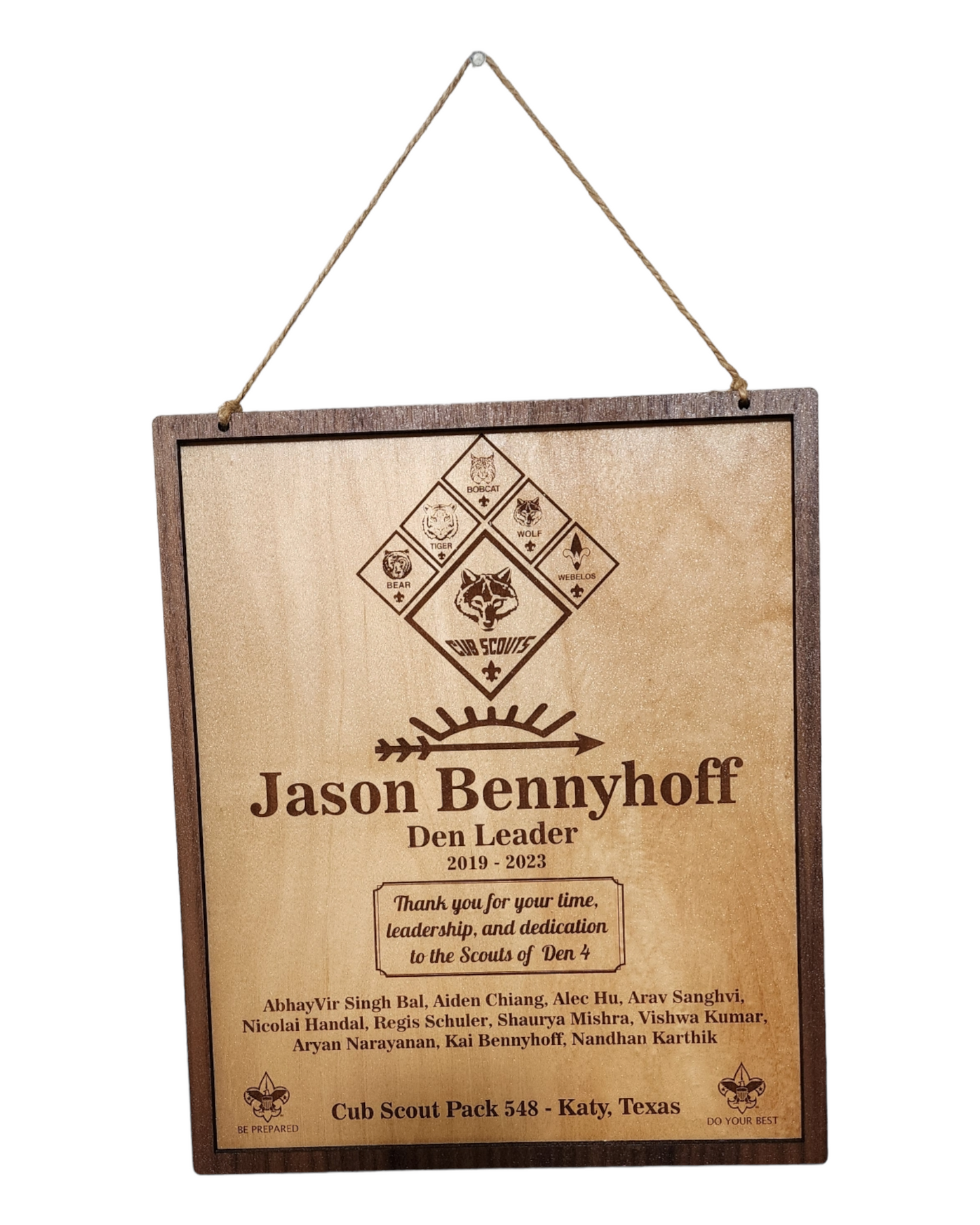 Personalized Boy Scout AOL Leader Award in Wooden Finish