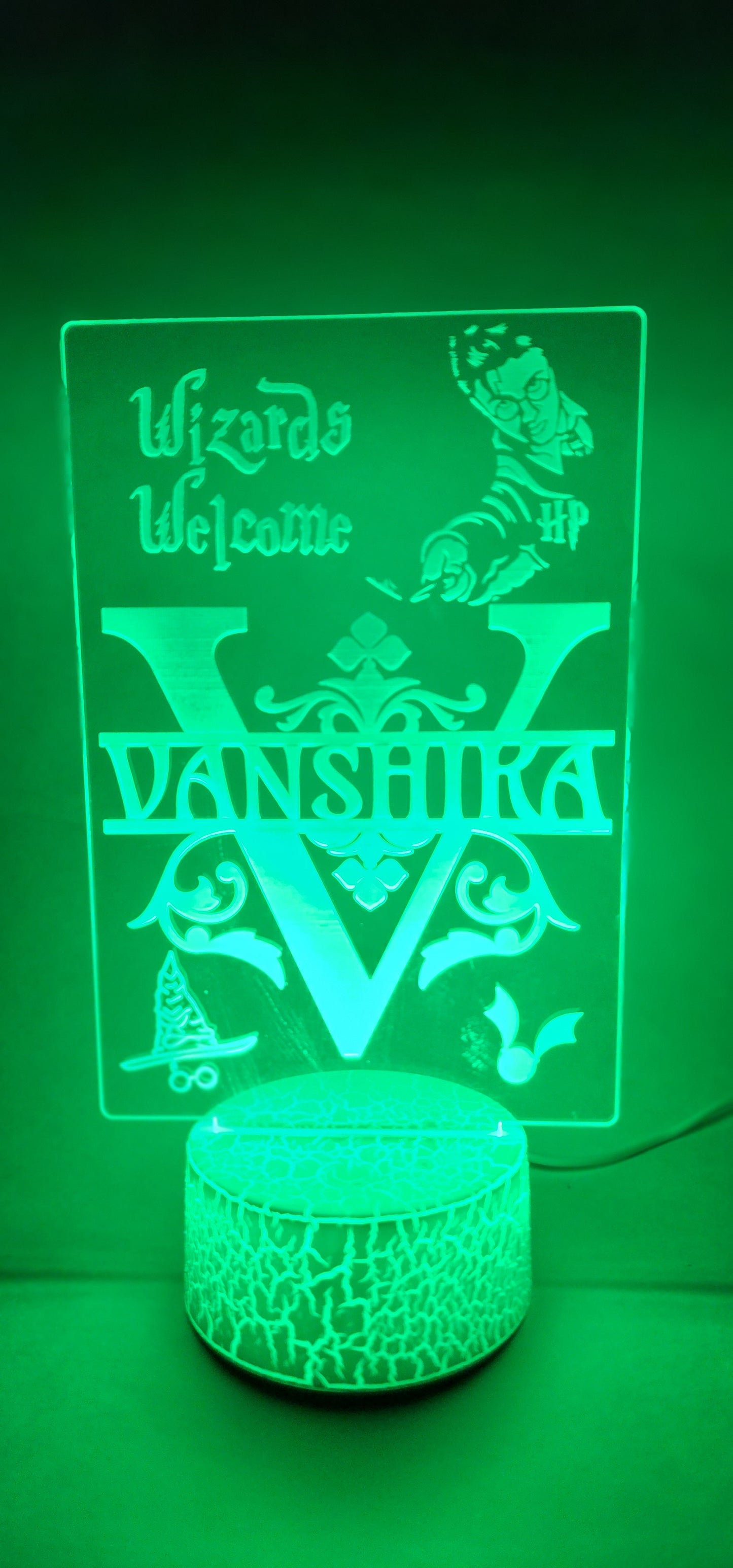 Illuminated Engraved Acrylic Name Sign with LED Light Base - Harry Potter theme